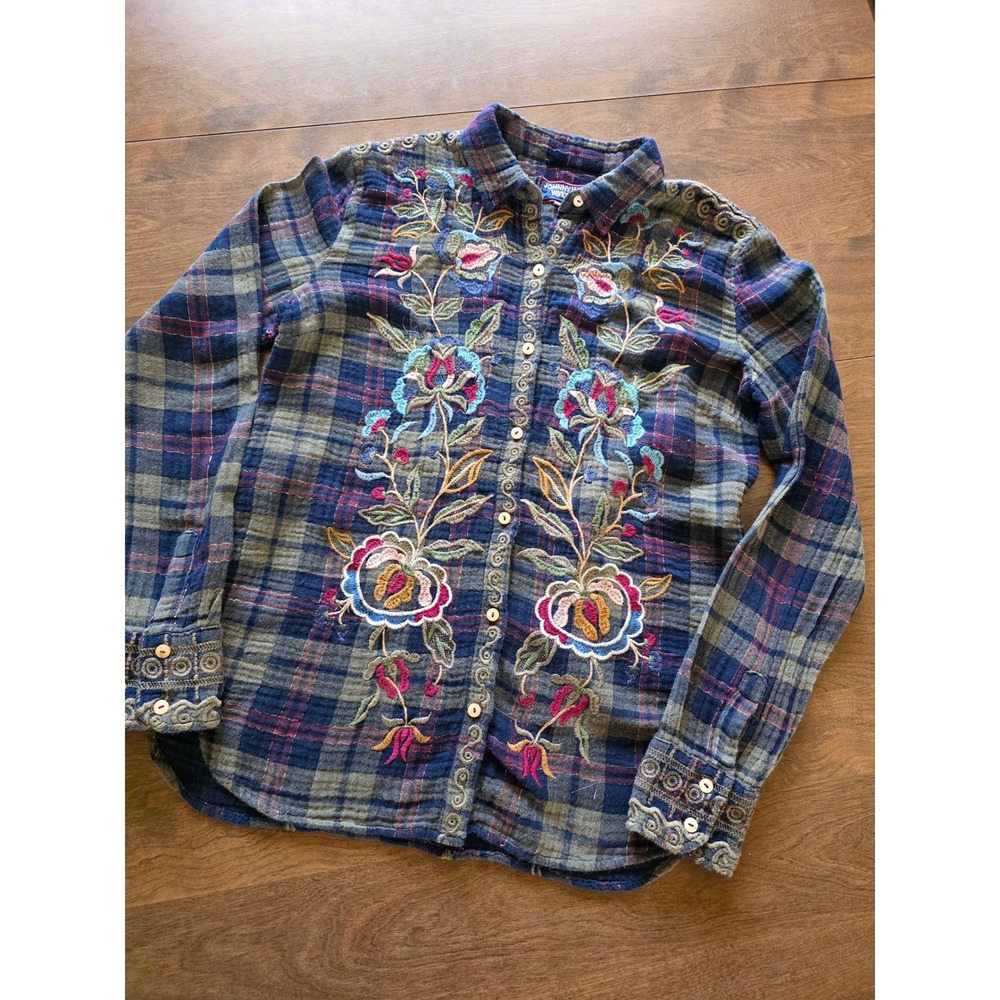 Johnny Was Workshop Plaid Embroidered Floral Button Down Shirt Navy W15617-9 XS